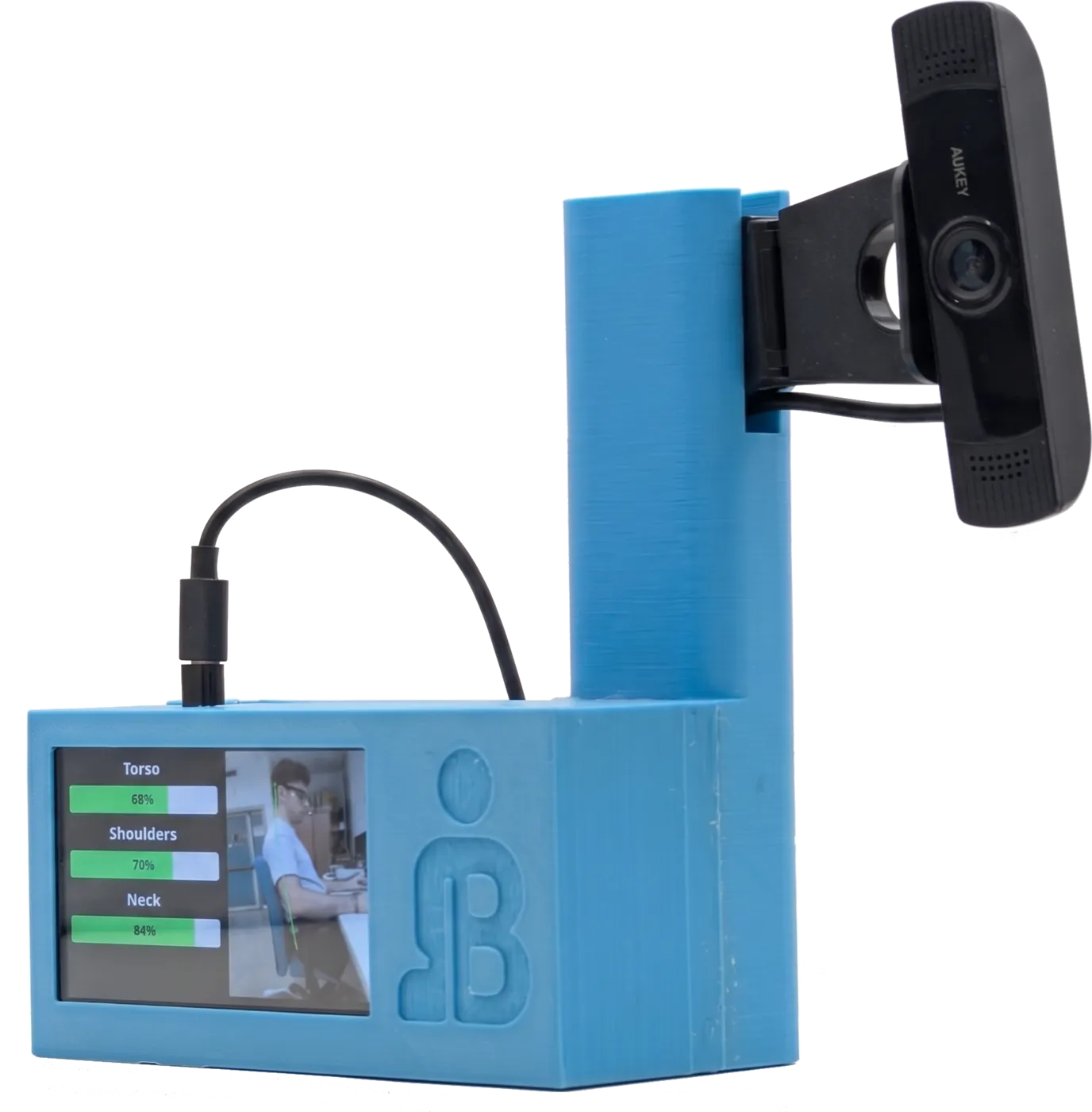 The BuddyBack prototype: a blue 3D-printed enclosure with a webcam on a pillar and a small touchscreen showing torso, shoulder and neck scores.